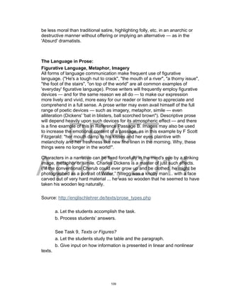 DRAFT
April 2, 2014
be less moral than traditional satire, highlighting folly, etc. in an anarchic or
destructive manner without offering or implying an alternative — as in the
'Absurd' dramatists.
The Language in Prose:
Figurative Language, Metaphor, Imagery
All forms of language communication make frequent use of figurative
language. ("He's a tough nut to crack", "the mouth of a river", "a thorny issue",
"the foot of the stairs", "on top of the world" are all common examples of
'everyday' figurative language). Prose writers will frequently employ figurative
devices — and for the same reason we all do — to make our expression
more lively and vivid, more easy for our reader or listener to appreciate and
comprehend in a full sense. A prose writer may even avail himself of the full
range of poetic devices — such as imagery, metaphor, simile — even
alliteration (Dickens' 'bat in blisters, ball scorched brown"). Descriptive prose
will depend heavily upon such devices for its atmospheric effect — and there
is a fine example of this in Reference Passage B. Images may also be used
to increase the emotional content of a passage, as in this example by F Scott
Fitzgerald: "her mouth damp to his kisses and her eyes plaintive with
melancholy and her freshness like new fine linen in the morning. Why, these
things were no longer in the world!".
Characters in a narrative can be fixed forcefully in the mind's eye by a striking
image, metaphor or simile. Charles Dickens is a master of just such effects.
("If the conventional Cherub could ever grow up and be clothed, he might be
photographed as a portrait of Wilfer,” "Wegg was a knotty man ... with a face
carved out of very hard material ... he was so wooden that he seemed to have
taken his wooden leg naturally.
Source: http://englischlehrer.de/texts/prose_types.php
a. Let the students accomplish the task.
b. Process students’ answers.
See Task 9, Texts or Figures?
a. Let the students study the table and the paragraph.
b. Give input on how information is presented in linear and nonlinear
texts.
109
 