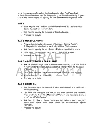 DRAFT
April 2, 2014
know her son was safe and motivates characters like Fred Weasley to
voluntarily sacrifice their lives for the greater good. Most importantly, it gives
characters something worth fighting for. The world knows no greater force.
Task 1:
 Scan Krystie Lee Yandoli’s commentary entitled “13 Lessons about
Social Justice from Harry Potter”.
 Ask them to identify the features of this short prose.
 Process the activity.
Task 2: MERCIFUL PORTIA
 Provide the students with copies of the poem “Mercy” Portia’s
Soliloquy in the Merchant of Venice by William Shakespeare.
 Ask them to identify the act of mercy Portia showed in the poem.
 Have them cite lines from the poem to justify their answer.
 Process the activity.
Task 3: A POET’S POEM, A FAN’S PROSE
 Ask the students to go back to Yandoli’s commentary on Social Justice
in Harry Potter Series and Shakespeare’s “Mercy” from the Merchant
of Venice.
 Have them examine how prose and poetry differ from one another.
 Accomplish the chart in the LM.
 Process the activity.
Task 4: LIGHTS ON
 Ask the students to remember the two friends caught in a black out in
the initial activity.
 Tell them that the lights are now on and their identities are revealed.
They are Portia from “The Merchant of Venice” and Hermione Granger
from “Harry Potter Series”.
 Ask them to play on these characters and write a short paragraph
about how Portia could seek justice on discrimination against
Hermione.
 Process the activity.
121
 