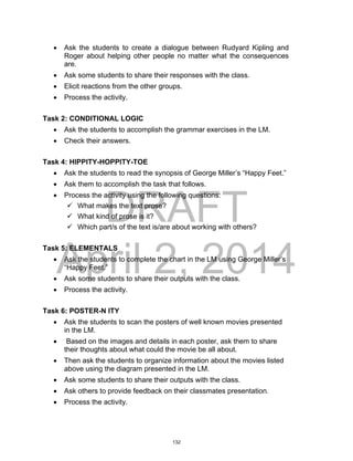 DRAFT
April 2, 2014
 Ask the students to create a dialogue between Rudyard Kipling and
Roger about helping other people no matter what the consequences
are.
 Ask some students to share their responses with the class.
 Elicit reactions from the other groups.
 Process the activity.
Task 2: CONDITIONAL LOGIC
 Ask the students to accomplish the grammar exercises in the LM.
 Check their answers.
Task 4: HIPPITY-HOPPITY-TOE
 Ask the students to read the synopsis of George Miller’s “Happy Feet.”
 Ask them to accomplish the task that follows.
 Process the activity using the following questions:
 What makes the text prose?
 What kind of prose is it?
 Which part/s of the text is/are about working with others?
Task 5: ELEMENTALS
 Ask the students to complete the chart in the LM using George Miller’s
“Happy Feet.”
 Ask some students to share their outputs with the class.
 Process the activity.
Task 6: POSTER-N ITY
 Ask the students to scan the posters of well known movies presented
in the LM.
 Based on the images and details in each poster, ask them to share
their thoughts about what could the movie be all about.
 Then ask the students to organize information about the movies listed
above using the diagram presented in the LM.
 Ask some students to share their outputs with the class.
 Ask others to provide feedback on their classmates presentation.
 Process the activity.
132
 