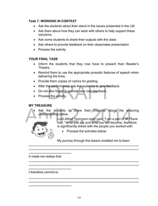 DRAFT
April 2, 2014
Task 7: WORKING IN CONTEXT
 Ask the students about their stand in the issues presented in the LM.
 Ask them about how they can work with others to help support these
concerns.
 Ask some students to share their outputs with the class
 Ask others to provide feedback on their classmates presentation
 Process the activity
YOUR FINAL TASK
 Inform the students that they now have to present their Reader’s
Theatre.
 Remind them to use the appropriate prosodic features of speech when
delivering the lines.
 Provide them copies of rubrics for grading.
 After the performance, ask the audience to give feedback.
 Do not also forget to provide your own feedback.
 Process the activity.
MY TREASURE
 Ask the students to share their thoughts about the enduring
understanding below.
Lord Alfred Tennyson once said, “I am a part of all I have
met.” What you are and what you will become, therefore,
is significantly linked with the people you worked with.
 Process the activities below:
My journey through this lesson enabled me to learn
______________________________________________________________
______________________________________________________________
________________________
It made me realize that
______________________________________________________________
______________________________________________________________
________________________
I therefore commit to
______________________________________________________________
______________________________________________________________
________________________
133
 