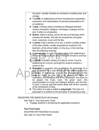 DRAFT
April 2, 2014
are given. Usually includes an orchestra or seating area, and
a stage.
 TheatRE: A collaborative art form including the composition,
enactment, and interpretation of dramatic presentations for
an audience.
 A play: A literary piece consisting of dialogues between
various characters, epilogue, monologue, prologue and an
end. It refers to composition.
 Drama: refers to acting, and to the set up of the play which
includes the theater, the hall, the accessories, the green
room, costumes, music and the like.
 A scene is like a division of an act, in which a certain portion
of the play unfolds, usually separated by location(in the
bedroom, at the dinner table), or time (e.g. in the morning,
then the following evening).
 A one-act play is a play that takes place, from beginning to
end, in a single act. It can range from one minute to one hour
long.
 A script is a written version of a play or movie. If you're
auditioning for a movie, you'll get the script to practice a
scene or two.
 Dramatist is .a person who is skilled in the production of a
play is called a He is well versed with the rudiments and the
principles of dramaturgy such as the measurement of the
stage on which the play has to be staged, the nature of
characters, the costumes that fit the characters, the music to
be played, the music room, the green room, the
synchronization of music and dialogue delivery, and the like.
In short, it can be said that drama deals with all the nuances
of the composition of play.
 The author of a play is called as playwright. The duty of a
playwright is to adhere to the principles of composing a play.
REVISITING THE RADIO PLAY (20 minutes)
See Task 3. ‘Your Discovery Tasks’
a. Engage students in answering the application questions.
Your Final Tasks
ENJOYING MY PASSION( 20 minutes)
See Task 1a “Your Final Tasks”
138
 