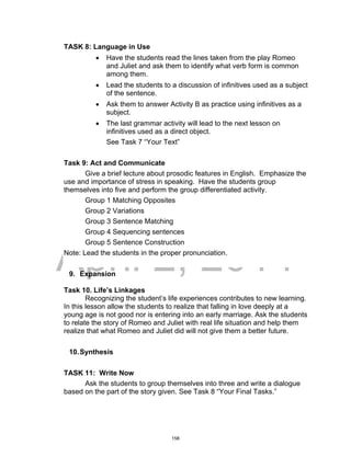 DRAFT
April 2, 2014
TASK 8: Language in Use
 Have the students read the lines taken from the play Romeo
and Juliet and ask them to identify what verb form is common
among them.
 Lead the students to a discussion of infinitives used as a subject
of the sentence.
 Ask them to answer Activity B as practice using infinitives as a
subject.
 The last grammar activity will lead to the next lesson on
infinitives used as a direct object.
See Task 7 “Your Text”
Task 9: Act and Communicate
Give a brief lecture about prosodic features in English. Emphasize the
use and importance of stress in speaking. Have the students group
themselves into five and perform the group differentiated activity.
Group 1 Matching Opposites
Group 2 Variations
Group 3 Sentence Matching
Group 4 Sequencing sentences
Group 5 Sentence Construction
Note: Lead the students in the proper pronunciation.
9. Expansion
Task 10. Life’s Linkages
Recognizing the student’s life experiences contributes to new learning.
In this lesson allow the students to realize that falling in love deeply at a
young age is not good nor is entering into an early marriage. Ask the students
to relate the story of Romeo and Juliet with real life situation and help them
realize that what Romeo and Juliet did will not give them a better future.
10.Synthesis
TASK 11: Write Now
Ask the students to group themselves into three and write a dialogue
based on the part of the story given. See Task 8 “Your Final Tasks.”
158
 