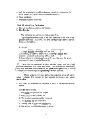 DRAFT
April 2, 2014
c. Ask the students to recall the play and have them determine the
tone, mood, technique, and purpose of the author.
d. Give feedback.
e. Process students’ answers.
Task 10. Identifying Participles
a. Have a short discussion on participles.
b. Key Points:
The participle is a verbal used as an adjective.
A participle may make use of the past participle of the verb or its
present participle (-ing form). The one-word participle comes before
the noun it modifies.
Examples:
1. A large-meshed veil hangs over her face.
2. Suddenly, a waitress approaches, wearing a soiled, dirty
uniform—evidently just coming off her shift.
3. I come here to sit because here, only, can I be near the great,
common, throbbing heart of humanity.
Note that the underlined words – meshed, soiled and throbbing
describe the nouns that came after them. They function as adjectives.
Note that meshed and soiled are the past participle forms of mesh
and soil while throbbing is the present participle of throb.
These underlined words belong to a special group of words
called verbals. The verbals in the sample sentences are called
participles.
c. Ask them to underline the participle in each of the sentences that
follow.
Key to Corrections:
1.The crying baby had a wet diaper.
2. A shouting crowd greeted us.
3. The cracked vase cannot be repaired.
4. The burning log fell off the fire.
5. Smiling, she hugged the panting dog.
6. We remind him of his forgotten promise.
179
 