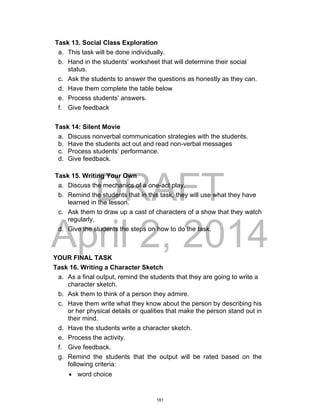 DRAFT
April 2, 2014
Task 13. Social Class Exploration
a. This task will be done individually.
b. Hand in the students’ worksheet that will determine their social
status.
c. Ask the students to answer the questions as honestly as they can.
d. Have them complete the table below
e. Process students’ answers.
f. Give feedback
Task 14: Silent Movie
a. Discuss nonverbal communication strategies with the students.
b. Have the students act out and read non-verbal messages
c. Process students’ performance.
d. Give feedback.
Task 15. Writing Your Own
a. Discuss the mechanics of a one-act play.
b. Remind the students that in this task, they will use what they have
learned in the lesson.
c. Ask them to draw up a cast of characters of a show that they watch
regularly.
d. Give the students the steps on how to do the task.
YOUR FINAL TASK
Task 16. Writing a Character Sketch
a. As a final output, remind the students that they are going to write a
character sketch.
b. Ask them to think of a person they admire.
c. Have them write what they know about the person by describing his
or her physical details or qualities that make the person stand out in
their mind.
d. Have the students write a character sketch.
e. Process the activity.
f. Give feedback.
g. Remind the students that the output will be rated based on the
following criteria:
 word choice
181
 