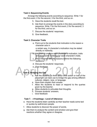 DRAFT
April 2, 2014
Task 4. Sequencing Events
Arrange the following events according to sequence. Write 1 for
the first event, 2 for the second, 3 for the third, and so on.
5. Have the students recall the text.
6. Ask them to arrange the events in the story according to
sequence. Write 1 for the first event, 2 for the second, 3
for the third, and so on.
7. Discuss the students’ responses.
8. Give feedback.
Task 5. Character Traits
a. Point out to the students that motivation is the reason a
character acts in
a certain way. A character’s motivation may be stated
directly or indirectly.
b. Ask them to analyze each character’s motivation, traits
and show some evidence for each character’s traits.
c. Fill in the chart with the reasons behind the following
decisions.
d. Discuss the students’ responses.
e. Give feedback.
Task 6. Bridging the Gap
d. Ask the students to think about what action or trait of the
playwright can best use to bridge the gap among different
cultures, religion, race, or language.
e. Have them explain their answer.
f. Allow the students to react or respond to the queries
given by the teacher.
g. Allow students to articulate their thoughts.
h. Process students’ answers.
i. Give feedback
Task 7. – # hashtags - Level of Utterance
e. Have the students listen carefully as their teacher reads some text
or quotes by well-known people.
f. Allow students to discover the power of words.
g. Ask them to analyze the content and emotion and give their
reactions whether they agree or disagree.
188
 
