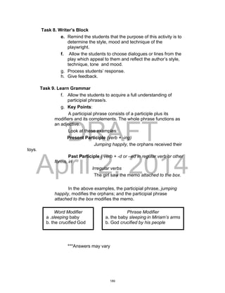DRAFT
April 2, 2014
Task 8. Writer’s Block
e. Remind the students that the purpose of this activity is to
determine the style, mood and technique of the
playwright.
f. Allow the students to choose dialogues or lines from the
play which appeal to them and reflect the author’s style,
technique, tone and mood.
g. Process students’ response.
h. Give feedback.
Task 9. Learn Grammar
f. Allow the students to acquire a full understanding of
participial phrase/s.
g. Key Points:
A participial phrase consists of a participle plus its
modifiers and its complements. The whole phrase functions as
an adjective.
Look at these examples:
Present Participle (verb + -ing)
Jumping happily, the orphans received their
toys.
Past Participle ( verb + -d or –ed in regular verb or other
forms, in
Irregular verbs
The girl saw the memo attached to the box.
In the above examples, the participial phrase, jumping
happily, modifies the orphans; and the participial phrase
attached to the box modifies the memo.
***Answers may vary
Word Modifier
a .sleeping baby
b. the crucified God
Phrase Modifier
a. the baby sleeping in Miriam’s arms
b. God crucified by his people
189
 