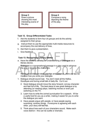 DRAFT
April 2, 2014
Task 12. Group Differentiated Tasks
f. Ask the students to form four (4) groups and do the activity
assigned to their group.
g. Instruct them to use the appropriate multi-media resources to
accompany the oral delivery of lines.
h. Ask them to give a presentation.
i. Give feedback.
Task 13. Recognizing Literary Device
a. Have the students develop an understanding of Dialogue as a
literary device.
Dialogue is a conversational passage in a play used to advance
the plot or develop the characters.
Writing good dialogue takes practice and patience. Here are tips to
improve how you write your dialogue.
1. Dialogue should sound real. You don’t need all the Hellos,
Goodbyes and boring small talk of daily life. Cut it out.
2. Good dialogue should move the story forward, convey character
and feel full of life. The best place to see great dialogue is by
attending (or reading) plays, watching movies or even just
switching on the TV.
3. Learn how to write the correct punctuation for a speech. It’ll be
a useful tool for you as a writer, making it easier for you to write
the dialogue you want.
4. Have people argue with people, or have people saying
surprising, contrary things. If everyone is agreeing with each
other, your story will feel flat.
5. Think about how each of your characters sound. Make each
voice distinct – this can be subtle or dramatic.
Group 3:
Draw a picture
showing the most
interesting scene of
the play.
Group 4:
Compose a song
depicting the theme
of the play.
.
191
 