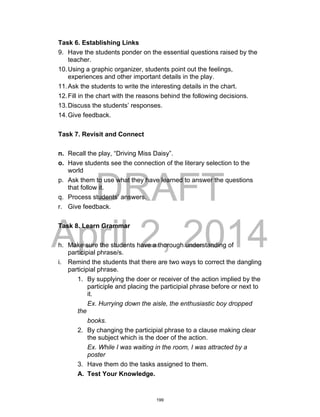 DRAFT
April 2, 2014
Task 6. Establishing Links
9. Have the students ponder on the essential questions raised by the
teacher.
10.Using a graphic organizer, students point out the feelings,
experiences and other important details in the play.
11.Ask the students to write the interesting details in the chart.
12.Fill in the chart with the reasons behind the following decisions.
13.Discuss the students’ responses.
14.Give feedback.
Task 7. Revisit and Connect
n. Recall the play, “Driving Miss Daisy”.
o. Have students see the connection of the literary selection to the
world
p. Ask them to use what they have learned to answer the questions
that follow it.
q. Process students’ answers.
r. Give feedback.
Task 8. Learn Grammar
h. Make sure the students have a thorough understanding of
participial phrase/s.
i. Remind the students that there are two ways to correct the dangling
participial phrase.
1. By supplying the doer or receiver of the action implied by the
participle and placing the participial phrase before or next to
it.
Ex. Hurrying down the aisle, the enthusiastic boy dropped
the
books.
2. By changing the participial phrase to a clause making clear
the subject which is the doer of the action.
Ex. While I was waiting in the room, I was attracted by a
poster
3. Have them do the tasks assigned to them.
A. Test Your Knowledge.
199
 