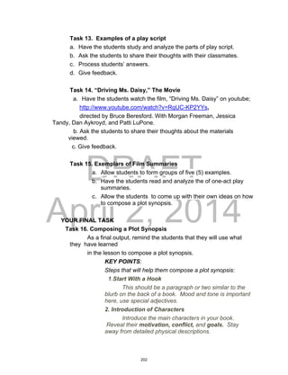 DRAFT
April 2, 2014
Task 13. Examples of a play script
a. Have the students study and analyze the parts of play script.
b. Ask the students to share their thoughts with their classmates.
c. Process students’ answers.
d. Give feedback.
Task 14. “Driving Ms. Daisy,” The Movie
a. Have the students watch the film, “Driving Ms. Daisy” on youtube;
http://www.youtube.com/watch?v=RqUC-KP2YYs,
directed by Bruce Beresford. With Morgan Freeman, Jessica
Tandy, Dan Aykroyd, and Patti LuPone.
b. Ask the students to share their thoughts about the materials
viewed.
c. Give feedback.
Task 15. Exemplars of Film Summaries
a. Allow students to form groups of five (5) examples.
b. Have the students read and analyze the of one-act play
summaries.
c. Allow the students to come up with their own ideas on how
to compose a plot synopsis.
YOUR FINAL TASK
Task 16. Composing a Plot Synopsis
As a final output, remind the students that they will use what
they have learned
in the lesson to compose a plot synopsis.
KEY POINTS:
Steps that will help them compose a plot synopsis:
1.Start With a Hook
This should be a paragraph or two similar to the
blurb on the back of a book. Mood and tone is important
here, use special adjectives.
2. Introduction of Characters
Introduce the main characters in your book.
Reveal their motivation, conflict, and goals. Stay
away from detailed physical descriptions.
202
 