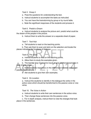 DRAFT
April 2, 2014
Task 5. Grasp it
a. Pose the questions for understanding the text.
b. Instruct students to accomplish the tasks as instructed.
b. You can have the brainstorming by group or by round table.
c. Note the significant responses of the students and process it.
Task 6. Predict a Dream
a. Instruct students to analyze the picture and predict what could be
the dream of the people in the picture.
b. Instruct them to write the answer on a separate sheet of paper.
Task 7. Text Hub
a. Tell students to read on the teaching points.
b. Then ask them to scan and skim on the selection and locate the
places indicating the functions of dialogue.
Task 8. The Voice
a. Instruct students to read on the teaching points.
b. Allow them to study the examples given.
b. The teacher may have some inputs or give additional examples in
case of gray areas
c. Solicit students responses on the differences between active and
passive constructions
d. Ask students to give their own examples.
Task 9. On Location
a. Instruct the students to identify in the dialogue the verbs in the
active voice which should be transformed to the passive voice or vice
versa.
Task 10. The Voice in Action
a. Instruct students to write their own sentences in the active voice.
b. Then change these sentences into the passive voice.
c. For in depth analysis, instruct them to note the changes that took
place in the sentences.
211
 