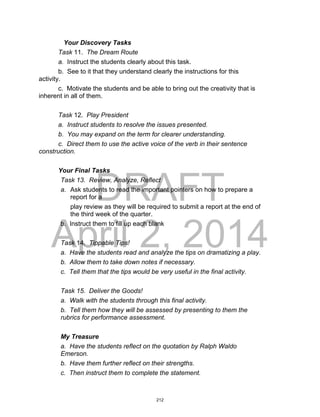 DRAFT
April 2, 2014
Your Discovery Tasks
Task 11. The Dream Route
a. Instruct the students clearly about this task.
b. See to it that they understand clearly the instructions for this
activity.
c. Motivate the students and be able to bring out the creativity that is
inherent in all of them.
Task 12. Play President
a. Instruct students to resolve the issues presented.
b. You may expand on the term for clearer understanding.
c. Direct them to use the active voice of the verb in their sentence
construction.
Your Final Tasks
Task 13. Review, Analyze, Reflect
a. Ask students to read the important pointers on how to prepare a
report for a
play review as they will be required to submit a report at the end of
the third week of the quarter.
b. Instruct them to fill up each blank
Task 14. Tippable Tips!
a. Have the students read and analyze the tips on dramatizing a play.
b. Allow them to take down notes if necessary.
c. Tell them that the tips would be very useful in the final activity.
Task 15. Deliver the Goods!
a. Walk with the students through this final activity.
b. Tell them how they will be assessed by presenting to them the
rubrics for performance assessment.
My Treasure
a. Have the students reflect on the quotation by Ralph Waldo
Emerson.
b. Have them further reflect on their strengths.
c. Then instruct them to complete the statement.
212
 