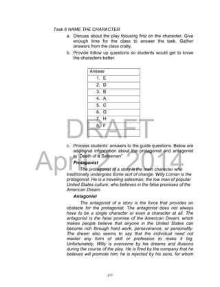 DRAFT
April 2, 2014
Task 6 NAME THE CHARACTER
a. Discuss about the play focusing first on the character. Give
enough time for the class to answer the task. Gather
answers from the class orally.
b. Provide follow up questions so students would get to know
the characters better.
Answer
1. E
2. D
3. B
4. A
5. C
6. G
7. H
8. F
c. Process students’ answers to the guide questions. Below are
additional information about the protagonist and antagonist
in “Death of a Salesman”
Protagonist
The protagonist of a story is the main character who
traditionally undergoes some sort of change. Willy Loman is the
protagonist. He is a traveling salesman, the low man of popular
United States culture, who believes in the false promises of the
American Dream.
Antagonist
The antagonist of a story is the force that provides an
obstacle for the protagonist. The antagonist does not always
have to be a single character or even a character at all. The
antagonist is the false promise of the American Dream, which
makes people believe that anyone in the United States can
become rich through hard work, perseverance, or personality.
The dream also seems to say that the individual need not
master any form of skill or profession to make it big.
Unfortunately, Willy is overcome by his dreams and illusions
during the course of the play. He is fired by the company that he
believes will promote him; he is rejected by his sons, for whom
217
 