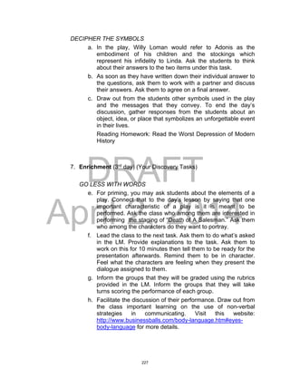 DRAFT
April 2, 2014
DECIPHER THE SYMBOLS
a. In the play, Willy Loman would refer to Adonis as the
embodiment of his children and the stockings which
represent his infidelity to Linda. Ask the students to think
about their answers to the two items under this task.
b. As soon as they have written down their individual answer to
the questions, ask them to work with a partner and discuss
their answers. Ask them to agree on a final answer.
c. Draw out from the students other symbols used in the play
and the messages that they convey. To end the day’s
discussion, gather responses from the students about an
object, idea, or place that symbolizes an unforgettable event
in their lives.
Reading Homework: Read the Worst Depression of Modern
History
7. Enrichment (3rd
day) (Your Discovery Tasks)
GO LESS WITH WORDS
e. For priming, you may ask students about the elements of a
play. Connect that to the day’s lesson by saying that one
important characteristic of a play is it is meant to be
performed. Ask the class who among them are interested in
performing the staging of “Death of A Salesman.” Ask them
who among the characters do they want to portray.
f. Lead the class to the next task. Ask them to do what’s asked
in the LM. Provide explanations to the task. Ask them to
work on this for 10 minutes then tell them to be ready for the
presentation afterwards. Remind them to be in character.
Feel what the characters are feeling when they present the
dialogue assigned to them.
g. Inform the groups that they will be graded using the rubrics
provided in the LM. Inform the groups that they will take
turns scoring the performance of each group.
h. Facilitate the discussion of their performance. Draw out from
the class important learning on the use of non-verbal
strategies in communicating. Visit this website:
http://www.businessballs.com/body-language.htm#eyes-
body-language for more details.
227
 