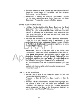 DRAFT
April 2, 2014
b. Tell your students to work in group and identify the effects of
these two events based on the article. Ask them to write
their answers on manila paper.
c. Allow them to present and interpret their answers pointing
out the relationship of the Wall Street Crash and the Great
Depression. Process the answers of all the groups.
SHARE YOUR PROHIBITIONS
a. Highlight the idea that the Wall Street Crash and the Great
Depression have their causes and effects. In the next
activity, ask your students to fill out the table on what they
can do to be ready for an economic crisis and what they
can’t and mustn’t do to win over an economic crisis. Ask
them do this individually.
b. Facilitate the discussion on Modals expressing Prohibitions.
Draw out from the students what is expressed by the
underlined words in the sentences. Provide inputs on Modals
of Prohibitions. Emphasize the use and importance of using
modals of prohibitions.
Remember: Can is a modal often used to ask for and give
permission. It means something is allowed and can be done.
Both can’t and mustn’t are modals used to show that
something is prohibited – it is not allowed. Can’t tells us that
something is against the rules. Mustn’t is usually used when
the obligation comes from the person who is speaking.
For more information on the modals of prohibition, you may
visit this
website:http://learnenglish.britishcouncil.org/en/grammar
reference/modals-1
USE YOUR PROHIBITIONS
a. Ask the class to work on this task’s first activity by pair. Use
modals of prohibition properly.
Answers: 1. Can; 2. Can’t; 3. Can, mustn’t; 4. Can; 5.
Mustn’t
b. The next activity under this task may be done in groups. Ask
the groups to write down five things that performers are
prohibited from doing during their performance and in the
same group ask the class to list down props that can be
used for the play “Death of A Salesman.”
229
 
