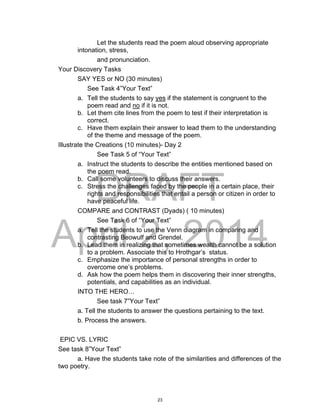 DRAFT
April 2, 2014
Let the students read the poem aloud observing appropriate
intonation, stress,
and pronunciation.
Your Discovery Tasks
SAY YES or NO (30 minutes)
See Task 4”Your Text”
a. Tell the students to say yes if the statement is congruent to the
poem read and no if it is not.
b. Let them cite lines from the poem to test if their interpretation is
correct.
c. Have them explain their answer to lead them to the understanding
of the theme and message of the poem.
Illustrate the Creations (10 minutes)- Day 2
See Task 5 of “Your Text”
a. Instruct the students to describe the entities mentioned based on
the poem read.
b. Call some volunteers to discuss their answers.
c. Stress the challenges faced by the people in a certain place, their
rights and responsibilities that entail a person or citizen in order to
have peaceful life.
COMPARE and CONTRAST (Dyads) ( 10 minutes)
See Task 6 of “Your Text”
a. Tell the students to use the Venn diagram in comparing and
contrasting Beowulf and Grendel.
b. Lead them in realizing that sometimes wealth cannot be a solution
to a problem. Associate this to Hrothgar’s status.
c. Emphasize the importance of personal strengths in order to
overcome one’s problems.
d. Ask how the poem helps them in discovering their inner strengths,
potentials, and capabilities as an individual.
INTO THE HERO…
See task 7”Your Text”
a. Tell the students to answer the questions pertaining to the text.
b. Process the answers.
EPIC VS. LYRIC
See task 8”Your Text”
a. Have the students take note of the similarities and differences of the
two poetry.
23
 