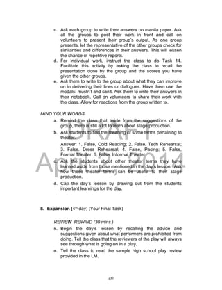 DRAFT
April 2, 2014
c. Ask each group to write their answers on manila paper. Ask
all the groups to post their work in front and call on
volunteers to present their group’s output. As one group
presents, let the representative of the other groups check for
similarities and differences in their answers. This will lessen
the chance of repetitive reports.
d. For individual work, instruct the class to do Task 14.
Facilitate this activity by asking the class to recall the
presentation done by the group and the scores you have
given the other groups.
e. Ask them to write to the group about what they can improve
on in delivering their lines or dialogues. Have them use the
modals: mustn’t and can’t. Ask them to write their answers in
their notebook. Call on volunteers to share their work with
the class. Allow for reactions from the group written to.
MIND YOUR WORDS
a. Remind the class that aside from the suggestions of the
group, there is still a lot to learn about stage production.
b. Ask students to find the meaning of some terms pertaining to
theater.
Answer: 1. False, Cold Reading; 2. False, Tech Rehearsal;
3. False. Dress Rehearsal; 4. False, Pacing; 5. False,
Formal Theater; 6. False, Informal Theater
c. Ask the students about other theater terms they have
learned aside from those mentioned in the day’s lesson. Ask
how these theater terms can be useful to their stage
production.
d. Cap the day’s lesson by drawing out from the students
important learnings for the day.
8. Expansion (4th
day) (Your Final Task)
REVIEW REWIND (30 mins.)
n. Begin the day’s lesson by recalling the advice and
suggestions given about what performers are prohibited from
doing. Tell the class that the reviewers of the play will always
see through what is going on in a play.
o. Tell the class to read the sample high school play review
provided in the LM.
230
 