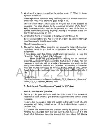 DRAFT
April 2, 2014
3. What are the symbols used by the author in Act 1? What do these
symbols stand for?
Stockings which represent Willy’s infidelity to Linda also represent the
time when Willy could afford the good things in life.
The car which Willy Loman loved in the past but in the present he
despises. This also alludes to the economic condition of the family.
Willy is on commission basis in the present and most of the time he
comes home without selling anything. Adding to his burden is the fact
that his car is giving up on him.
4. What is the theme or message of the play prevalent in Act 1?
Success is something one has to work on. It can’t be achieved through
good looks and a likeable personality.
Allow for varied answers.
5. The author, Arthur Miller wrote the play during the height of American
capitalism, what do you think is his purpose for writing Death of a
Salesman?
It has been said that Miller would want his readers to see the
“American Dream” in Death of A Salesman.
Miller chose the job of salesman carefully for his American
Dreamer. A salesman does not make his/her own product, has not
mastered a particular skill or a body of knowledge, and works on the
empty substance of dreams and promises. Additionally, a salesman
must sell his/her personality as much as his/her product. Willy Loman
falsely believes he needs nothing more than to be well liked to make it
big.
Read more at:
http://thebestnotes.com/booknotes/Death_Of_A_Salesman_Summary/
Death_Of_A_Salesman_Miller10.html
3. Enrichment (Your Discovery Tasks)(1hr.)(3rd
day)
Task 6. Justify Ideas (15 mins.)
1. Before you let your students read the video transcript of America’s
President Barack Obama, give them background on the context of the
message.
He gave this message of hope and support to the LGBT youth who are
struggling with being bullied as part of the It Gets Better project on
October 2010.
2. Connect this lesson from the previous activity by pointing out that
America has changed from the way Willy Loman has seen it in the
Death of A Salesman. You may also ask the class about Biff, Happy
239
 