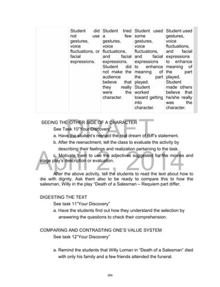 DRAFT
April 2, 2014
Student did
not use
gestures,
voice
fluctuations, or
facial
expressions.
Student tried
a few
gestures,
voice
fluctuations,
and facial
expressions.
Student did
not make the
audience
believe that
they really
were the
character.
Student used
some
gestures,
voice
fluctuations,
and facial
expressions
to enhance
meaning of
the part
played.
Student
worked
toward getting
into
character.
Student used
gestures,
voice
fluctuations,
and facial
expressions
to enhance
meaning of
the part
played.
Student
made others
believe that
he/she really
was the
character.
SEEING THE OTHER SIDE OF A CHARACTER
See Task 10“Your Discovery”
a. Have the student’s reenact the real dream of Biff’s statement.
b. After the reenactment, tell the class to evaluate the activity by
describing their feelings and realization pertaining to the task.
c. Motivate them to use the adjectives suggested for the movies and
stage play’s description or evaluation.
After the above activity, tell the students to read the text about how to
die with dignity. Ask them also to be ready to compare this to how the
salesman, Willy in the play “Death of a Salesman – Requiem part differ.
DIGESTING THE TEXT
See task 11”Your Discovery”
a. Have the students find out how they understand the selection by
answering the questions to check their comprehension.
COMPARING AND CONTRASTING ONE’S VALUE SYSTEM
See task 12”Your Discovery”
a. Remind the students that Willy Loman in “Death of a Salesman” died
with only his family and a few friends attended the funeral.
269
 