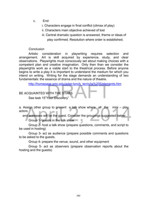 DRAFT
April 2, 2014
c. End:
i. Characters engage in final conflict (climax of play)
ii. Characters main objective achieved of lost
iii. Central dramatic question is answered, theme or ideas of
play confirmed. Resolution where order is established.
Conclusion
Artistic consideration in playwriting requires selection and
arrangement. Art is skill acquired by experience, study, and clear
observations. Playwrights must consciously set about making choices with a
competent plan and creative imagination. Only then than we consider the
playwrights work as a viable start to the theatrical process. Before anyone
begins to write a play it is important to understand the medium for which you
intend on writing. Writing for the stage demands an understanding of two
fundamentals: the essence of drama and the nature of theatre.
http://homepage.smc.edu/adair-lynch_terrin/ta%205/elements.htm
BE ACQUAINTED WITH THE STARS
See task 15”Your Discovery”
a. Assign other group to present a talk show where all the mini – play
actors
and actresses will be the guest. Consider the groupings suggested below:
Group 1- guests in the talk show
Group 2- host a talk show (prepare questions, comments, and script to
be used in hosting)
Group 3- act as audience (prepare possible comments and questions
to be asked to the guests.
Group 4- prepare the venue, sound, and other equipment
Group 5- act as observers (prepare observation reports about the
hosting and the guests)
282
 