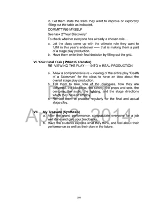 DRAFT
April 2, 2014
b. Let them state the traits they want to improve or exploreby
filling out the table as indicated.
COMMITTING MYSELF
See task 2”Your Discovery”
To check whether everyone has already a chosen role…
a. Let the class come up with the ultimate role they want to
fulfill in this year’s endeavor ----- that is making them a part
of a stage play production.
b. Have them write their final decision by filling out the grid.
VI. Your Final Task ( What to Transfer)
RE- VIEWING THE PLAY ---- INTO A REAL PRODUCTION
a. Allow a comprehensive re – viewing of the entire play “Death
of a Salesman” for the class to have an idea about the
overall stage play production.
b. Tell them to take note of the dialogues, how they are
delivered, the blockings, the setting, the props and sets, the
costume, the audio, the lighting, and the stage directions
which they have to employ.
c. Remind them to practice regularly for the final and actual
stage play.
VII. My Treasure (Synthesis)
a. After the grand performance, congratulate everyone for a job
well done and give your feedbacks.
b. Have the students express what they think, and feel about their
performance as well as their plan in the future.
289
 