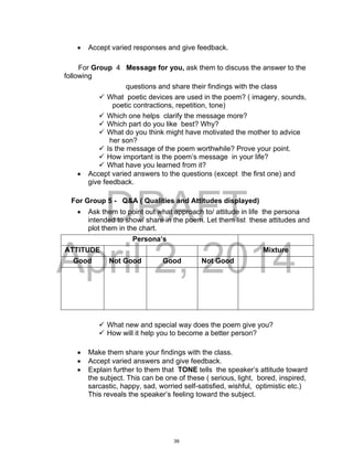 DRAFT
April 2, 2014
 Accept varied responses and give feedback.
For Group 4 Message for you, ask them to discuss the answer to the
following
questions and share their findings with the class
 What poetic devices are used in the poem? ( imagery, sounds,
poetic contractions, repetition, tone)
 Which one helps clarify the message more?
 Which part do you like best? Why?
 What do you think might have motivated the mother to advice
her son?
 Is the message of the poem worthwhile? Prove your point.
 How important is the poem’s message in your life?
 What have you learned from it?
 Accept varied answers to the questions (except the first one) and
give feedback.
For Group 5 - Q&A ( Qualities and Attitudes displayed)
 Ask them to point out what approach to/ attitude in life the persona
intended to show/ share in the poem. Let them list these attitudes and
plot them in the chart.
Persona’s
ATTITUDE Mixture
Good Not Good Good Not Good
 What new and special way does the poem give you?
 How will it help you to become a better person?
 Make them share your findings with the class.
 Accept varied answers and give feedback.
 Explain further to them that TONE tells the speaker’s attitude toward
the subject. This can be one of these ( serious, light, bored, inspired,
sarcastic, happy, sad, worried self-satisfied, wishful, optimistic etc.)
This reveals the speaker’s feeling toward the subject.
39
 