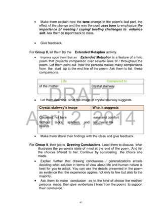 DRAFT
April 2, 2014
 Make them explain how the tone change in the poem’s last part, the
effect of the change and the way the poet uses tone to emphasize the
importance of meeting / coping/ beating challenges to enhance
self. Ask them to report back to class.
 Give feedback.
For Group 8, let them try the Extended Metaphor activity.
 Impress upon them that an Extended Metaphor is a feature of a lyric
poem that presents comparison over several lines of / throughout the
poem. Let them point out how the persona makes many comparisons
from the start up to the end line of the poem. Ask them to list these
comparisons.
Life Compared to
of the mother Crystal stairway
 Let them describe what the image of crystal stairway suggests.
Crystal stairway’s image What it suggests
Carpeted, not bare
Without tacks, splinters and
boards
ease and comfort
luxuries in life
 Make them share their findings with the class and give feedback.
For Group 9, their job is Drawing Conclusions. Lead them to discuss what
illustrates the persona’s state of mind at the end of the poem. And list
the choices offered to her. Continue by considering the choice she
made.
 Explain further that drawing conclusions / generalizations entails
deciding what solution in terms of view about life and human nature is
best for you to adopt. You can use the details presented in the poem
as evidence that the experience applies not only to few but also to the
majority.
 Ask them to make conclusion as to the kind of choice the mother/
persona made, then give evidences ( lines from the poem) to support
their conclusion.
41
 