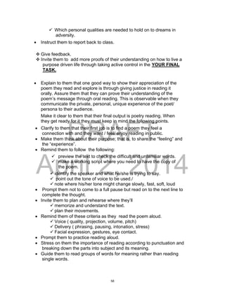 DRAFT
April 2, 2014
 Which personal qualities are needed to hold on to dreams in
adversity.
 Instruct them to report back to class.
 Give feedback.
 Invite them to add more proofs of their understanding on how to live a
purpose driven life through taking active control in the YOUR FINAL
TASK.
 Explain to them that one good way to show their appreciation of the
poem they read and explore is through giving justice in reading it
orally. Assure them that they can prove their understanding of the
poem’s message through oral reading. This is observable when they
communicate the private, personal, unique experience of the poet/
persona to their audience.
Make it clear to them that their final output is poetry reading. When
they get ready for it they must keep in mind the following points.
 Clarify to them that their first job is to find a poem they feel a
connection with and they want / feel/ enjoy reading in public.
 Make them think about their purpose; that is, to share the “feeling” and
the “experience”.
 Remind them to follow the following:
 preview the text to check the difficult and unfamiliar words.
 make a working script where you need to have the copy of
the poem.
 identify the speaker and what he/she is trying to say.
 point out the tone of voice to be used./
 note where his/her tone might change slowly, fast, soft, loud
 Prompt them not to come to a full pause but read on to the next line to
complete the thought.
 Invite them to plan and rehearse where they’ll
 memorize and understand the text.
 plan their movements.
 Remind them of these criteria as they read the poem aloud.
 Voice ( quality, projection, volume, pitch)
 Delivery ( phrasing, pausing, intonation, stress)
 Facial expression, gestures, eye contact.
 Prompt them to practice reading aloud.
 Stress on them the importance of reading according to punctuation and
breaking down the parts into subject and its meaning.
 Guide them to read groups of words for meaning rather than reading
single words.
58
 