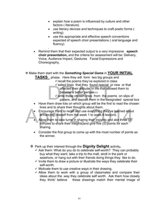 DRAFT
April 2, 2014
 explain how a poem is influenced by culture and other
factors ( literature)
 use literary devices and techniques to craft poetic forms (
writing)
 use the appropriate and effective speech conventions
expected of speech choir presentations ( oral language and
fluency)
.
 Remind them that their expected output is a very impressive speech
choir presentation, and the criteria for assessment will be: Delivery,
Voice, Audience Impact, Gestures Facial Expressions and
Choreography.
 Make them start with the Something Special Game in YOUR INITIAL
TASKS phase. Here they will form two big groups and
recall the poems they’ve explored in class
select lines that they found special or new or that
affected their attitude in life that allowed them to
become a better person
write these chosen lines from the poems on slips of
papers, and deposit them in the designated special box
 Have them draw lots on which group will be the first to read the chosen
lines and to share their thoughts about them.
 Encourage them to recall and use everything they’ve learned about
enhancing oneself from the week 1 to week 8 lessons.
 Allow them to take turns in sharing their insights and alot three (3)
minutes to share their insights and give five (5) points for each
sharing.
 Consider the first group to come up with the most number of points as
the winner.
 Perk up their interest through the Dignity Delight activity.
 Ask them: What do you do to celebrate self-worth? They can probably
buy what they want, take a trip to the mall, stroll in the park or
seashore, or hang out with their friends doing things they like to do.
 Invite them to draw a picture or illustrate the ways they celebrate their
self-worth.
 Motivate them to use creative ways in their drawing.
 Allow them to work with a group of classmates and compare their
ideas about the .way they celebrate self worth. Ask them how closely
they think/ believe these drawings match their mental image of
61
 