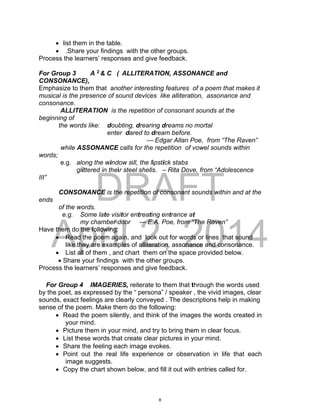DRAFT
April 2, 2014
 list them in the table.
 .Share your findings with the other groups.
Process the learners’ responses and give feedback.
For Group 3 A 2
& C ( ALLITERATION, ASSONANCE and
CONSONANCE),
Emphasize to them that another interesting features of a poem that makes it
musical is the presence of sound devices like alliteration, assonance and
consonance.
ALLITERATION is the repetition of consonant sounds at the
beginning of
the words like: doubting, drearing dreams no mortal
enter dared to dream before.
--- Edgar Allan Poe, from “The Raven”
while ASSONANCE calls for the repetition of vowel sounds within
words;
e.g. along the window sill, the lipstick stabs
glittered in their steel shells. – Rita Dove, from “Adolescence
III”
CONSONANCE is the repetition of consonant sounds within and at the
ends
of the words.
e.g. Some late visitor entreating entrance at
my chamber door --- E.A. Poe, from “The Raven”
Have them do the following:
 Read the poem again, and look out for words or lines that sound
like they are examples of alliteration, assonance and consonance.
 List all of them , and chart them on the space provided below.
 Share your findings with the other groups.
Process the learners’ responses and give feedback.
For Group 4 IMAGERIES, reiterate to them that through the words used
by the poet, as expressed by the “ persona” / speaker , the vivid images, clear
sounds, exact feelings are clearly conveyed . The descriptions help in making
sense of the poem. Make them do the following:
 Read the poem silently, and think of the images the words created in
your mind.
 Picture them in your mind, and try to bring them in clear focus.
 List these words that create clear pictures in your mind.
 Share the feeling each image evokes.
 Point out the real life experience or observation in life that each
image suggests.
 Copy the chart shown below, and fill it out with entries called for.
8
 