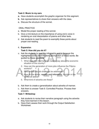 DRAFT
April 2, 2014
Task 2: Music to my ears
a. Have students accomplish the graphic organizer for this segment.
b. Ask representatives to share their answers with the class.
c. Discuss the structure of the sonnet.
ORAL PRACTICE
a. Model the proper reading of the sonnet.
b. Give a mini-lecture on the importance of using one’s voice in
rendering an oral interpretation of poems and other texts.
d. Ask students to read the poem to exemplify these points about
proper oral reading.
4. Expansion
Task 5: How did you do it?
a. Ask the students to read the infographic and to focus on the
highlighted words. Elicit the form and function of these words. Be
guided by these questions
1. What does the informational material say about the economic
situation of the country?
2. How can the generation of more jobs influence the Filipino
workers?
3. How should the job challenge be addressed?
4. How do the words, rapidly and informally, function in the
sentence above?
5. What kind of adverbs are these?
b. Ask them to create a generalization about adverbs of manner.
c. Ask them to answer Task 6: Controlled Practice. Process their
answers.
Task 7: Writeshop
a. Ask students to revise their narrative paragraph using the adverbs
they have learned in this lesson.
b. Have them assess their work through the Output Satisfaction
Worksheet.
82
 