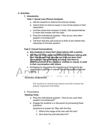 DRAFT
April 2, 2014
C. Activities
1. Introduction
Task 1: Social Lens (Picture Analysis)
a. Ask the students to observe the pictures closely.
b. Instruct them to write an essay in one minute based on their
observation.
c. Let them share their answers in triads. Call representatives
to share their answer with the class
d. Pose the motivational question, “How do you view other
people’s circumstances?”
e. Tell them that they will continue to think of and rethink their
responses to the said question.
Task 2: Casual Conversations
a. Ask students to share their observations with a partner.
b. Ask them to think about the difference between talking with
their friends and their parents. Let them jot down their
observations using the table provided. Ask them to
determine which of the registers, intimate or casual, is used
in their conversation with others.
c. Synthesize by discussing the importance of recognizing the
audience and purpose in order to communicate effectively with
others.
READING HOMEWORK
Ask students to read the two poems and then answer the
graphic organizers that follow.
2. Presentation
Reading Texts:
a. Pose the motivational question, “How do you view other
people’s circumstances?”
b. Engage the students in a discussion by processing these
questions:
Questions to answer for “Man with the Hoe
1. What is the image of the man with the hoe?
2. How does the poet describe him?
87
 