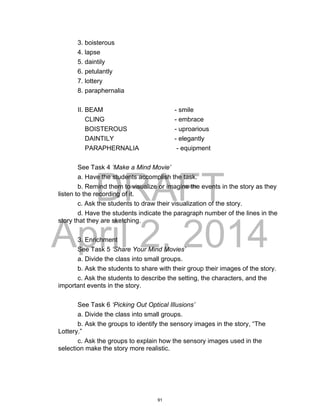 DRAFT
April 2, 2014
3. boisterous
4. lapse
5. daintily
6. petulantly
7. lottery
8. paraphernalia
II. BEAM - smile
CLING - embrace
BOISTEROUS - uproarious
DAINTILY - elegantly
PARAPHERNALIA - equipment
See Task 4 ‘Make a Mind Movie’
a. Have the students accomplish the task.
b. Remind them to visualize or imagine the events in the story as they
listen to the recording of it.
c. Ask the students to draw their visualization of the story.
d. Have the students indicate the paragraph number of the lines in the
story that they are sketching.
3. Enrichment
See Task 5 ‘Share Your Mind Movies’
a. Divide the class into small groups.
b. Ask the students to share with their group their images of the story.
c. Ask the students to describe the setting, the characters, and the
important events in the story.
See Task 6 ‘Picking Out Optical Illusions’
a. Divide the class into small groups.
b. Ask the groups to identify the sensory images in the story, “The
Lottery.”
c. Ask the groups to explain how the sensory images used in the
selection make the story more realistic.
91
 