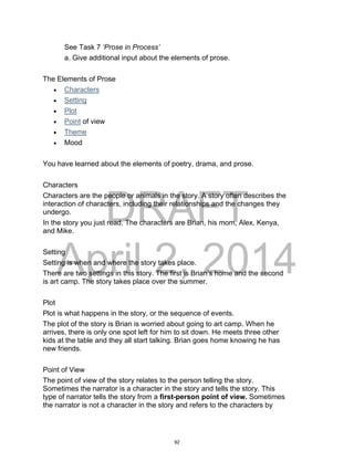 DRAFT
April 2, 2014
See Task 7 ‘Prose in Process’
a. Give additional input about the elements of prose.
The Elements of Prose
 Characters
 Setting
 Plot
 Point of view
 Theme
 Mood
You have learned about the elements of poetry, drama, and prose.
Characters
Characters are the people or animals in the story. A story often describes the
interaction of characters, including their relationships and the changes they
undergo.
In the story you just read. The characters are Brian, his mom, Alex, Kenya,
and Mike.
Setting
Setting is when and where the story takes place.
There are two settings in this story. The first is Brian’s home and the second
is art camp. The story takes place over the summer.
Plot
Plot is what happens in the story, or the sequence of events.
The plot of the story is Brian is worried about going to art camp. When he
arrives, there is only one spot left for him to sit down. He meets three other
kids at the table and they all start talking. Brian goes home knowing he has
new friends.
Point of View
The point of view of the story relates to the person telling the story.
Sometimes the narrator is a character in the story and tells the story. This
type of narrator tells the story from a first-person point of view. Sometimes
the narrator is not a character in the story and refers to the characters by
92
 