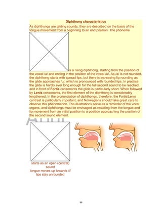 DRAFT
April 2, 2014
Diphthong characteristics
As diphthongs are gliding sounds, they are described on the basis of the
tongue movement from a beginning to an end position. The phoneme
is a rising diphthong, starting from the position of
the vowel /a/ and ending in the position of the vowel /u/. As /a/ is not rounded,
the diphthong starts with spread lips, but there is increasing lip rounding as
the glide approaches /u/, which is pronounced with rounded lips. In practice
the glide is hardly ever long enough for the full second sound to be reached,
and in front of Fortis consonants the glide is particularly short. When followed
by Lenis consonants, the first element of the diphthong is considerably
lengthened. In the pronunciation of diphthongs, therefore, the Fortis/Lenis
contrast is particularly important, and Norwegians should take great care to
observe this phenomenon. The illustrations serve as a reminder of the vocal
organs, and diphthongs must be envisaged as resulting from the tongue and
lip movement from an initial position to a position approaching the position of
the second sound element.
starts as an open (central)
sound
tongue moves up towards /i/
lips stay unrounded
99
 