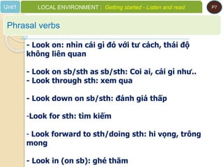 Phrasal verbs
Unit1 LOCAL ENVIRONMENT : Getting started - Listen and read P7
- Look on: nhìn cái gì đó với tư cách, thái độ
không liên quan
- Look on sb/sth as sb/sth: Coi ai, cái gì như..
- Look through sth: xem qua
- Look down on sb/sth: đánh giá thấp
-Look for sth: tìm kiếm
- Look forward to sth/doing sth: hi vọng, trông
mong
- Look in (on sb): ghé thăm
 