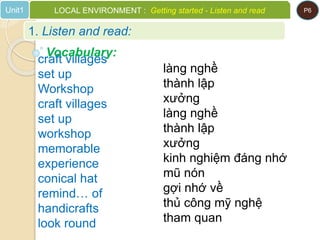 1. Listen and read:
Unit1 LOCAL ENVIRONMENT : Getting started - Listen and read P6
craft villages
set up
Workshop
craft villages
set up
workshop
memorable
experience
conical hat
remind… of
handicrafts
look round
Vocabulary:
làng nghề
thành lập
xưởng
làng nghề
thành lập
xưởng
kinh nghiệm đáng nhớ
mũ nón
gợi nhớ về
thủ công mỹ nghệ
tham quan
 