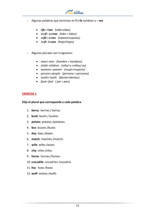 13
- Algunas palabras que terminan en f o fe cambian a – ves
• life> lives (vida>vidas)
• wolf> wolves (lobo > lobos)
• wife> wives (esposa>esposas)
• leaf> leaves (hoja>hojas)
- Algunos plurales son irregulares:
• man> men (hombre > hombres)
• child> children (niño/ a >niños/ as)
• woman> women (mujer>mujeres)
• person> people (persona > personas)
• tooth> teeth (diente>dientes)
• foot> feet ( pie > pies)
EXERCISE 1
Elija el plural que corresponda a cada palabra.
1. berry: berries / berrys
2. bush: bushs / bushes
3. potato: potatos /potatoes
4. bus: busses /buses
5. day: days /dayes
6. match: matches /matchs
7. wife: wifes /wives
8. city: cities /citys
9. horse: horsies /horses
10. crocodile: cocodriles /cocodrils
11. fox: foxie /foxes
12. wolf: wolves /wolfs
 