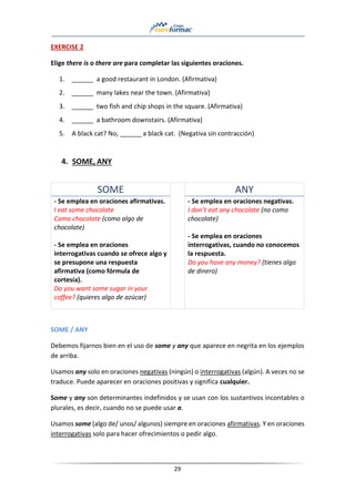 29
EXERCISE 2
Elige there is o there are para completar las siguientes oraciones.
1. ______ a good restaurant in London. (Afirmativa)
2. ______ many lakes near the town. (Afirmativa)
3. ______ two fish and chip shops in the square. (Afirmativa)
4. ______ a bathroom downstairs. (Afirmativa)
5. A black cat? No, ______ a black cat. (Negativa sin contracción)
4. SOME, ANY
SOME ANY
- Se emplea en oraciones afirmativas.
I eat some chocolate
Como chocolate (como algo de
chocolate)
- Se emplea en oraciones
interrogativas cuando se ofrece algo y
se presupone una respuesta
afirmativa (como fórmula de
cortesía).
Do you want some sugar in your
coffee? (quieres algo de azúcar)
- Se emplea en oraciones negativas.
I don’t eat any chocolate (no como
chocolate)
- Se emplea en oraciones
interrogativas, cuando no conocemos
la respuesta.
Do you have any money? (tienes algo
de dinero)
SOME / ANY
Debemos fijarnos bien en el uso de some y any que aparece en negrita en los ejemplos
de arriba.
Usamos any solo en oraciones negativas (ningún) o interrogativas (algún). A veces no se
traduce. Puede aparecer en oraciones positivas y significa cualquier.
Some y any son determinantes indefinidos y se usan con los sustantivos incontables o
plurales, es decir, cuando no se puede usar a.
Usamos some (algo de/ unos/ algunos) siempre en oraciones afirmativas. Y en oraciones
interrogativas solo para hacer ofrecimientos o pedir algo.
 