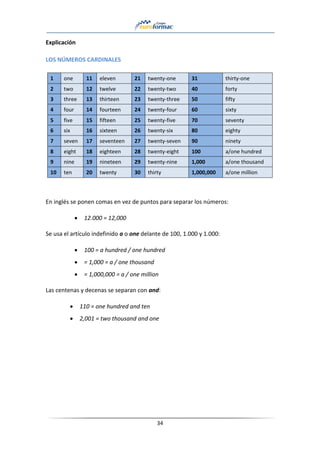 34
Explicación
LOS NÚMEROS CARDINALES
1 one 11 eleven 21 twenty-one 31 thirty-one
2 two 12 twelve 22 twenty-two 40 forty
3 three 13 thirteen 23 twenty-three 50 fifty
4 four 14 fourteen 24 twenty-four 60 sixty
5 five 15 fifteen 25 twenty-five 70 seventy
6 six 16 sixteen 26 twenty-six 80 eighty
7 seven 17 seventeen 27 twenty-seven 90 ninety
8 eight 18 eighteen 28 twenty-eight 100 a/one hundred
9 nine 19 nineteen 29 twenty-nine 1,000 a/one thousand
10 ten 20 twenty 30 thirty 1,000,000 a/one million
En inglés se ponen comas en vez de puntos para separar los números:
• 12.000 = 12,000
Se usa el artículo indefinido a o one delante de 100, 1.000 y 1.000:
• 100 = a hundred / one hundred
• = 1,000 = a / one thousand
• = 1,000,000 = a / one million
Las centenas y decenas se separan con and:
• 110 = one hundred and ten
• 2,001 = two thousand and one
 
