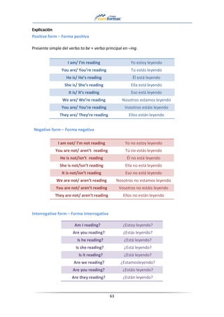63
Explicación
Positive form – Forma positiva
Presente simple del verbo to be + verbo principal en –ing.
I am/ I’m reading Yo estoy leyendo
You are/ You’re reading Tú estás leyendo
He is/ He’s reading Él está leyendo
She is/ She’s reading Ella está leyendo
It is/ It’s reading Eso está leyendo
We are/ We’re reading Nosotros estamos leyendo
You are/ You’re reading Vosotros estáis leyendo
They are/ They’re reading Ellos están leyendo
Negative form – Forma negativa
I am not/ I’m not reading Yo no estoy leyendo
You are not/ aren’t reading Tú no estás leyendo
He is not/isn’t reading Él no está leyendo
She is not/isn’t reading Ella no está leyendo
It is not/isn’t reading Eso no está leyendo
We are not/ aren’t reading Nosotros no estamos leyendo
You are not/ aren’t reading Vosotros no estáis leyendo
They are not/ aren’t reading Ellos no están leyendo
Interrogative form – Forma interrogativa
Am I reading? ¿Estoy leyendo?
Are you reading? ¿Estás leyendo?
Is he reading? ¿Está leyendo?
Is she reading? ¿Está leyendo?
Is it reading? ¿Está leyendo?
Are we reading? ¿Estamosleyendo?
Are you reading? ¿Estáis leyendo?
Are they reading? ¿Están leyendo?
 