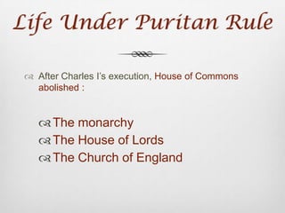 Cavaliers & RoundheadsRoundheads = Supporters of ParliamentCountry gentry, town- dwelling manufacturers, & Puritan clergyCalled Roundheads b/c of their hair styleUnderdogsLeader – Oliver Cromwell
