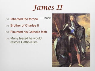 England a Republic?England declared republicNot all agree – Charles II is the heirRebellions broke out (Ireland)Oliver Cromwellcrushed thempersecuted Catholicsexiled Catholics to remote parts of Ireland