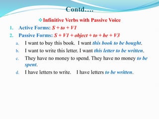 Contd….
Infinitive Verbs with Passive Voice
1. Active Forms: S + to + V1
2. Passive Forms: S + V1 + object + to + be + V3
a. I want to buy this book. I want this book to be bought.
b. I want to write this letter. I want this letter to be written.
c. They have no money to spend. They have no money to be
spent.
d. I have letters to write. I have letters to be written.
 