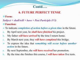 Contd….
6. FUTURE PERFECT TENSE
Form:
Subject + shall/will + have + Past Participle (V3)
Function:
 To indicate completion of action before a given time in the future.
a. By April next year, he shall have finished his project.
b. My father will have arrived by the time I return home.
c. By March next year, they will have completed this bridge.
 To express the idea that something will occur before another
action in the future.
a. By next September, she will have received her promotion.
b. By the time she finishes this course, I will have taken five tests.
 