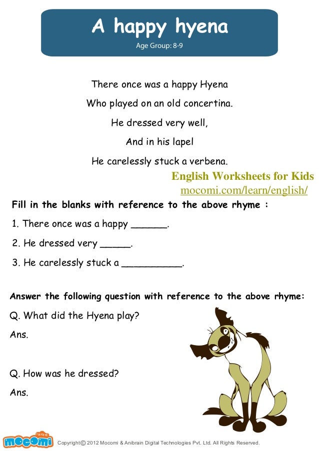 a happy hyena english worksheets for kids mocomicom
