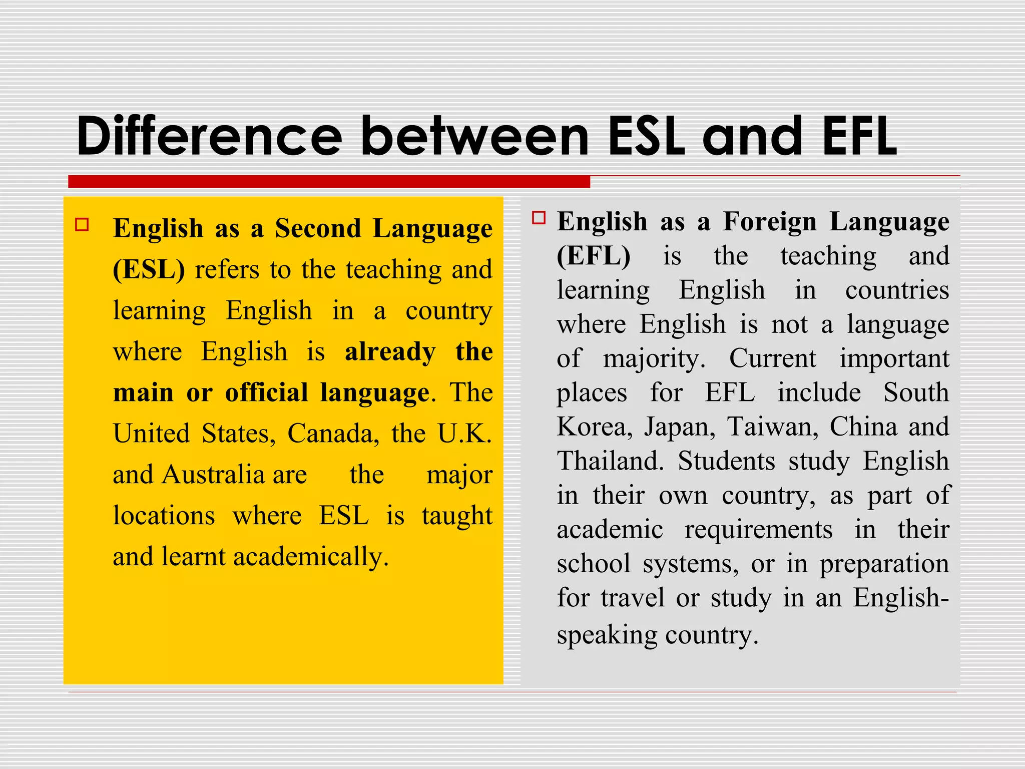 Difference between ESL and EFL
 English as a Second Language
(ESL) refers to the teaching and
learning English in a country
where English is already the
main or official language. The
United States, Canada, the U.K.
and Australia are the major
locations where ESL is taught
and learnt academically.
 English as a Foreign Language
(EFL) is the teaching and
learning English in countries
where English is not a language
of majority. Current important
places for EFL include South
Korea, Japan, Taiwan, China and
Thailand. Students study English
in their own country, as part of
academic requirements in their
school systems, or in preparation
for travel or study in an English-
speaking country.
 