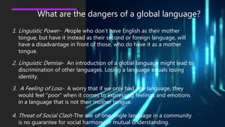 What are the dangers of a global language?
1. Linguistic Power- People who don't have English as their mother
tongue, but have it instead as their second or foreign language, will
have a disadvantage in front of those, who do have it as a mother
tongue.
2. Linguistic Demise- An introduction of a global language might lead to
discrimination of other languages. Losing a language equals losing
identity.
3. A Feeling of Loss- A worry that if we only had one language, they
would feel “poor” when it comes to expressing feelings and emotions
in a language that is not their mother tongue.
4. Threat of Social Clash-The use of one single language in a community
is no guarantee for social harmony or mutual understanding.
 