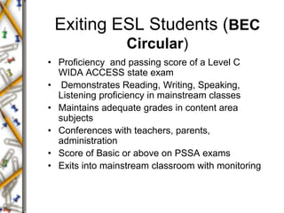Exiting ESL Students (BEC
Circular)
• Proficiency and passing score of a Level C
WIDA ACCESS state exam
• Demonstrates Reading, Writing, Speaking,
Listening proficiency in mainstream classes
• Maintains adequate grades in content area
subjects
• Conferences with teachers, parents,
administration
• Score of Basic or above on PSSA exams
• Exits into mainstream classroom with monitoring
 