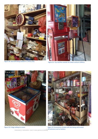 Figure 20: Old stuff being stacked in a messy way.

Figure 22: Fridge selling ice cream.

Figure 21: Toy machine outside the shop to attract children.

Figure 23: Accessories of daily stuff also being sold instead
of stationery such as battery.

Stationery Business: more than pencils selling

24 | P a g e

 