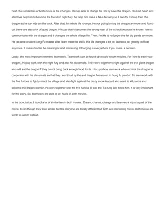Next, the similarities of both movie is the changes. Hiccup able to change his life by save the dragon. His kind heart and
attentive help him to become the friend of night fury, he help him make a fake tail wing so it can fly. Hiccup train the
dragon so he can ride on the back. After that, his whole life change. He not going to slay the dragon anymore and found
out there are also a lot of good dragon. Hiccup slowly becomes the strong man of the school because he knows how to
communicate with the dragon and it changes the whole village life. Then, Po.He is no longer the fat big panda anymore.
He became a talent kung Fu master after learn meet the shifu. His life changes a lot, no laziness, no greedy on food
anymore. It makes his life be meaningful and interesting. Changing is everywhere if you make a decision.
Lastly, the most important element, teamwork. Teamwork can be found obviously in both movies. For ‘how to train your
dragon’, Hiccup work with the night fury and also his classmate. They work together to fight against the evil giant dragon
who will eat the dragon if they do not bring back enough food for its. Hiccup show teamwork when control the dragon to
cooperate with his classmate so that they won’t hurt by the evil dragon. Moreover, in ‘kung fu panda’. Po teamwork with
the five furious to fight protect the village and also fight against the crazy snow leopard who want to kill panda and
become the dragon warrior. Po work together with the five furious to trap the Tai lung and killed him. It is very important
for the story. So, teamwork are able to be found in both movies.
In the conclusion, I found a lot of similarities in both movies. Dream, chance, change and teamwork is just a part of the
movie. Even though they look similar but the storyline are totally different but both are interesting movie. Both movie are
worth to watch instead.

 